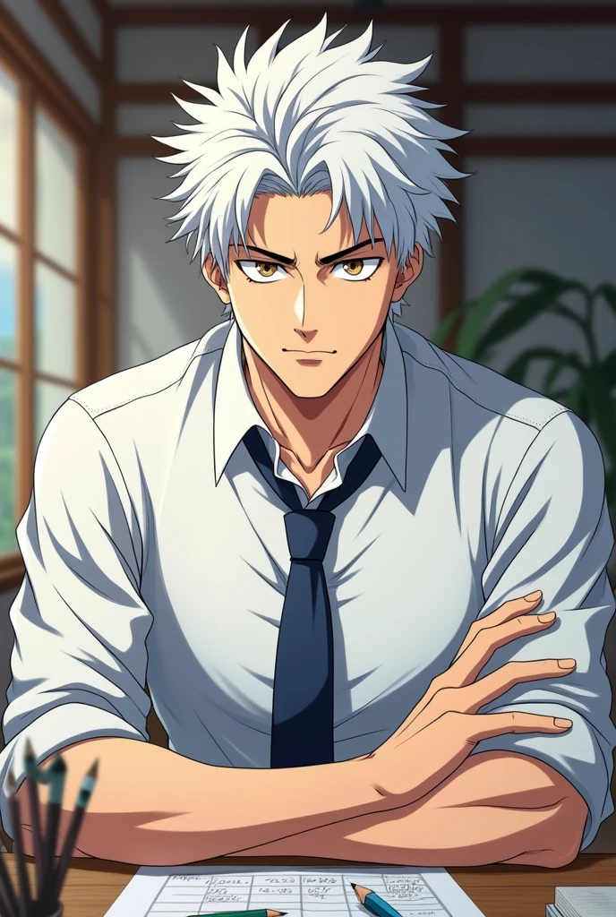 Anime 2d drawing teacher young man with white hair with serious expression