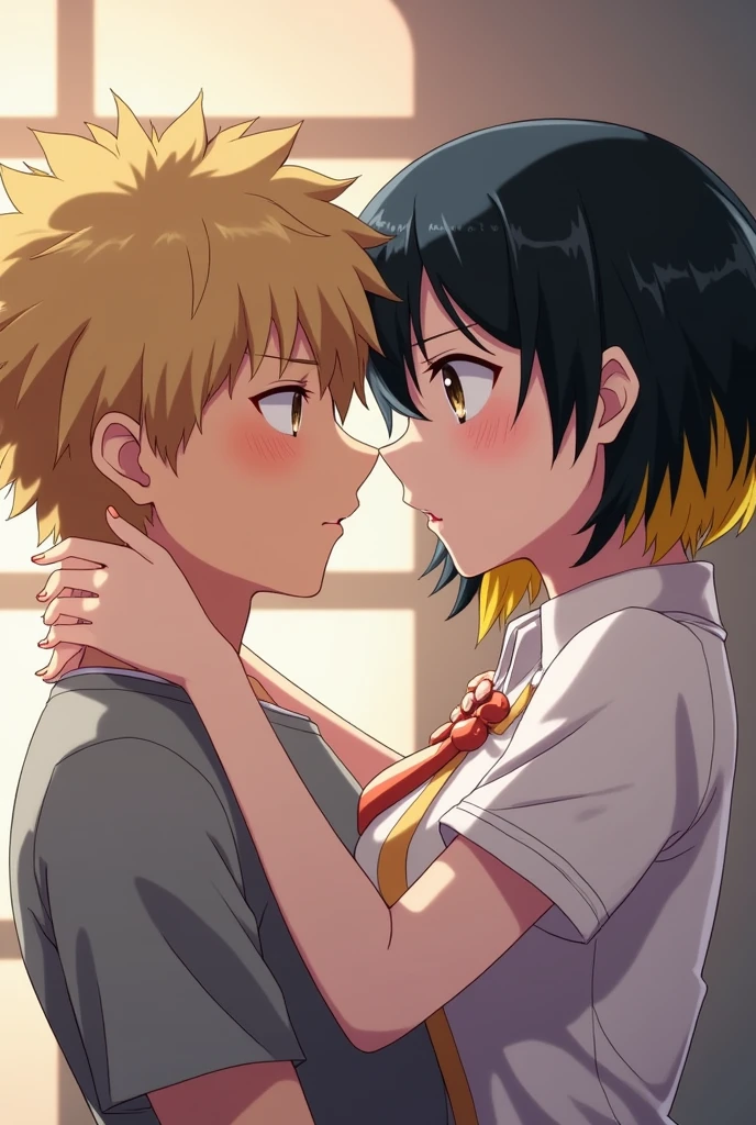 Boku no Hero Academia, A white-skinned woman, eyes the color of honey, short hair, black with yellow locks in front. A few light freckles on the cheeks, and a blond boy giving each other a kiss