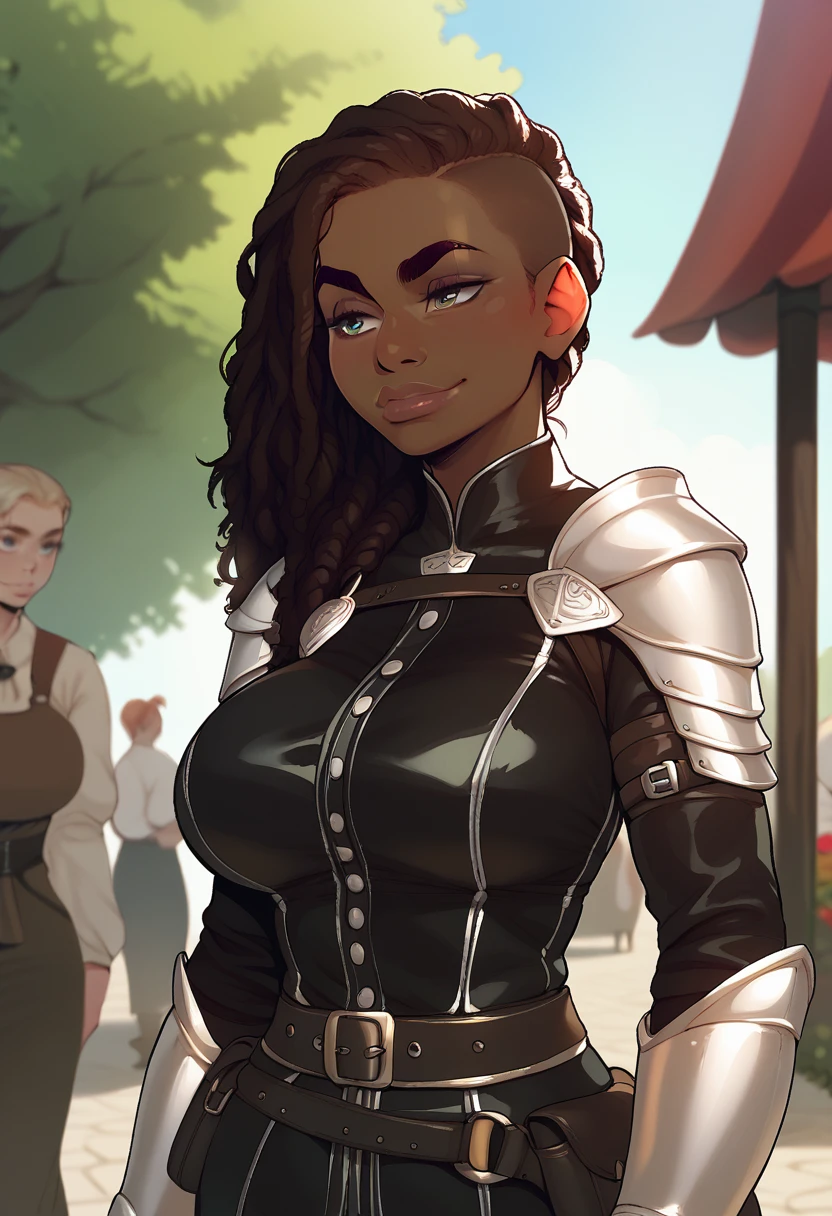 score_9, score_8_up, score_7_up, score_6_up, dreadlock hair, dark skin, big lips, black top, leather top, shoulder armor, black belt, pouches, medieval setting, large breasts, outdoors, marketplace, dark eyebrows, smirk, closed mouth, detailed, confident, toned body, bodyguard, elegant, g0thicPXL, thick eyebrows, close up, elbow armor