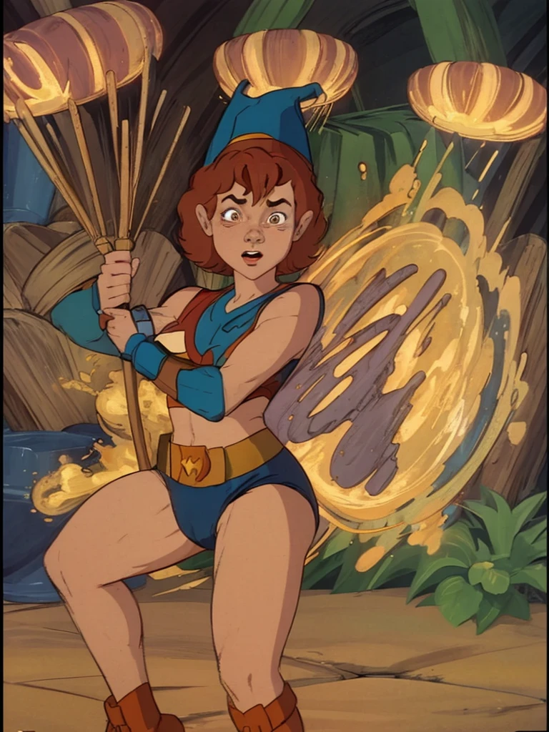 a redhead cartoon character, wonder woman outfit, very muscular, male wizard, 1980s cartoon, animated episode still, Presto (((mad))), ((Wears a wizard hat))