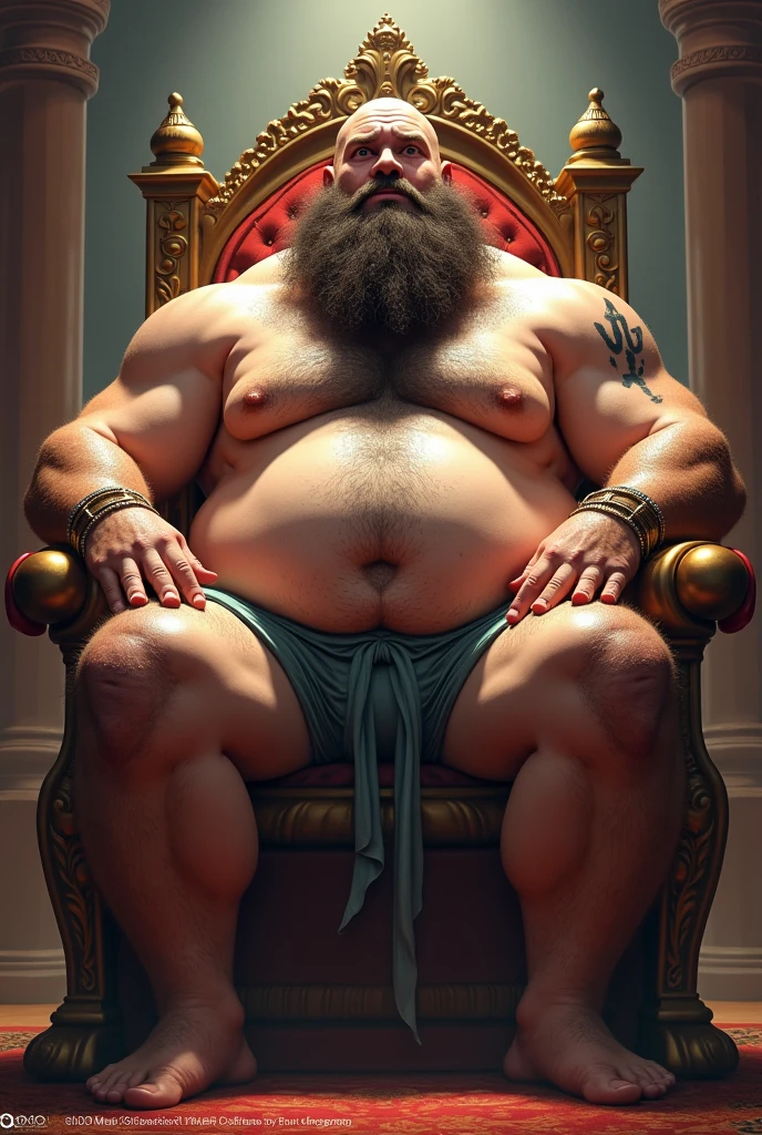 god on his ruling throne, low swim trunks with bulge in the middle, chubby, hairy, bearded, anchor beard, high resolution, ultra-detailed, sharp focus, intricate details, detailed eyes, symmetrical eyes, expressive eyes, clear pupils, vibrant eyes, focused gaze, legs wide open ,left hand is holding the belly, king's expression is intimidating with a sense of authority