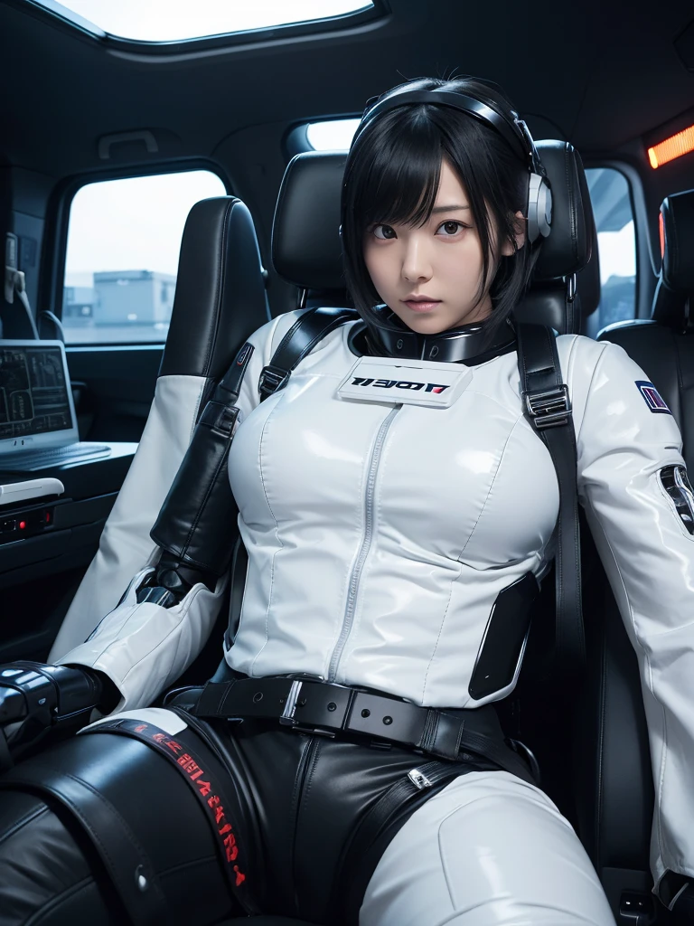 Japanese female android,Black Hair,The spaceship's cockpit,The person is completely secured in the seat with the backrest reclined by a thick harness belt.,Chubby,Spread your legs,Squat,Shiny white robot suit,Robotic arms and legs,Surrounded by switches and monitors,