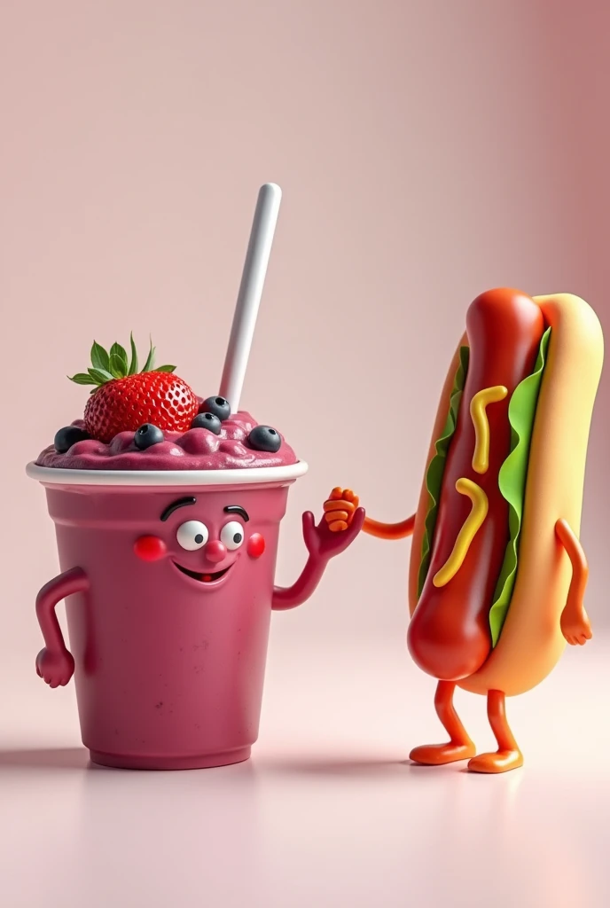 Acai cup giving hand to hot dog drawing