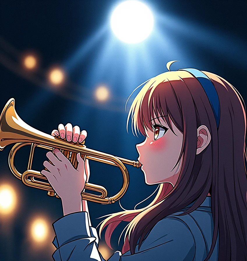 Trumpet player、One girl, High resolution, Brown Hair, masterpiece, accurate, Highest quality, detail, 高いdetail, Very detailed, Ultra high definition, Shortcuts, Bright Eyes, Sparkling eyes, Close-up, hair band, far and near method, Cinematic light effects, Illustration, Digital Art, In the concert hall