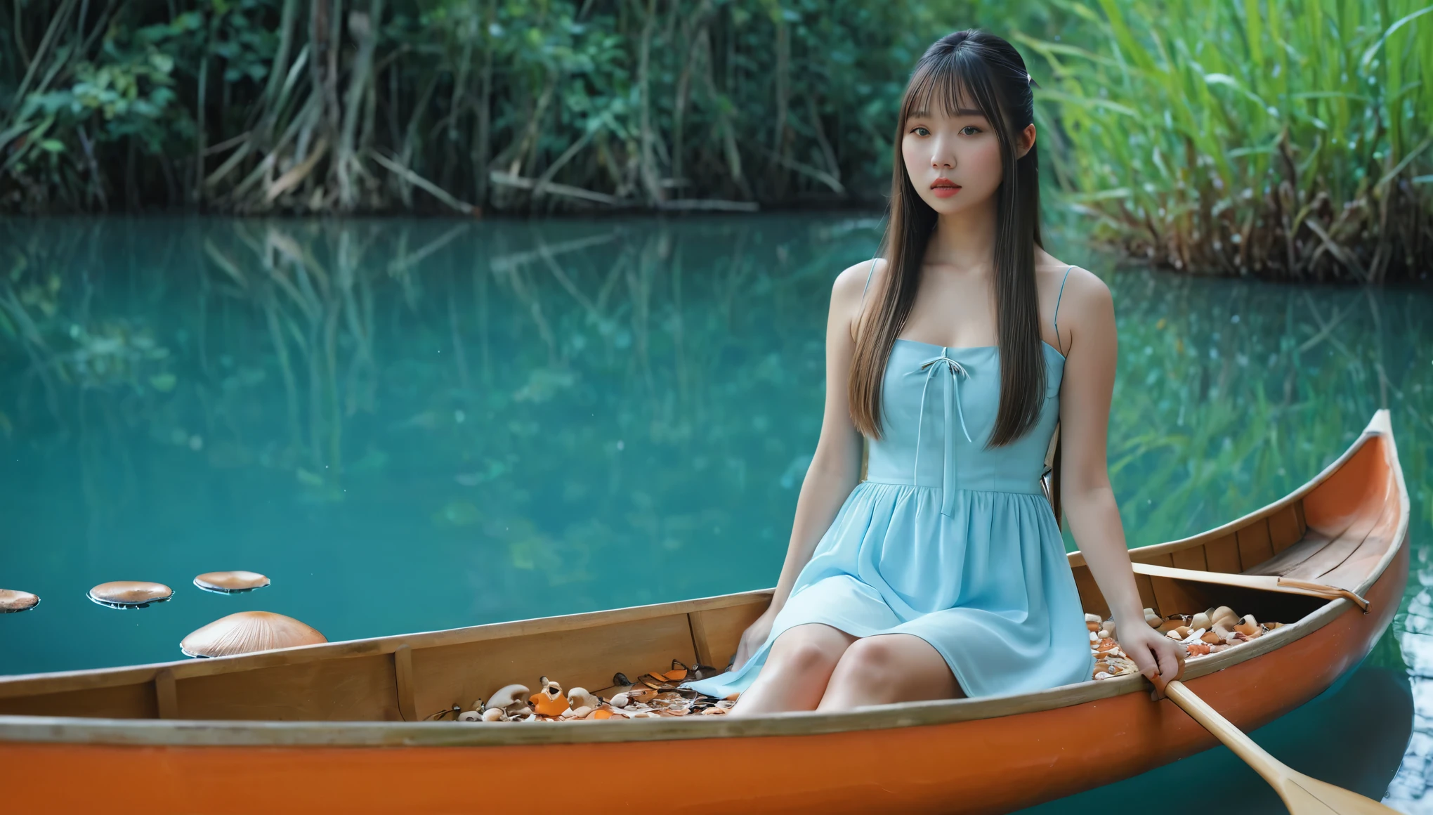 ((RAW photo), absurd, (absurdresolution)), masterpiece, best quality, (best shadow), beautiful detailed glow, hyperrealism, cute Asian girl, very pretty with light blue eyes, (sharp pupil, realistic), makeup, (straight hair), simple orange dress, sitting in canoe on calm lagoon, crying mushrooms in background, midday. «SunPuma S»