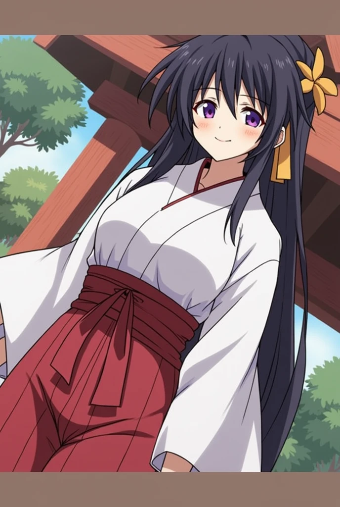 girl in white and red shrine maiden, enchanting, Flower in hair, long hair, refined movements, At a hotspring, breasts are visable, angelic smile, defined curves, Blushing, pregnant, hand on belly