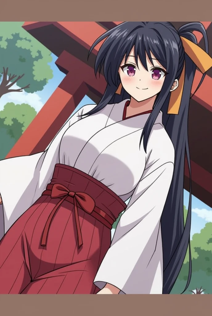 girl in white and red shrine maiden, enchanting, Flower in hair, long hair, refined movements, At a hotspring, breasts are visable, angelic smile, defined curves, Blushing, pregnant, hand on belly