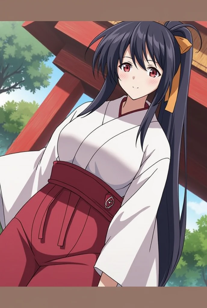 girl in white and red shrine maiden, enchanting, Flower in hair, long hair, refined movements, At a hotspring, breasts are visable, angelic smile, defined curves, Blushing, pregnant, hand on belly