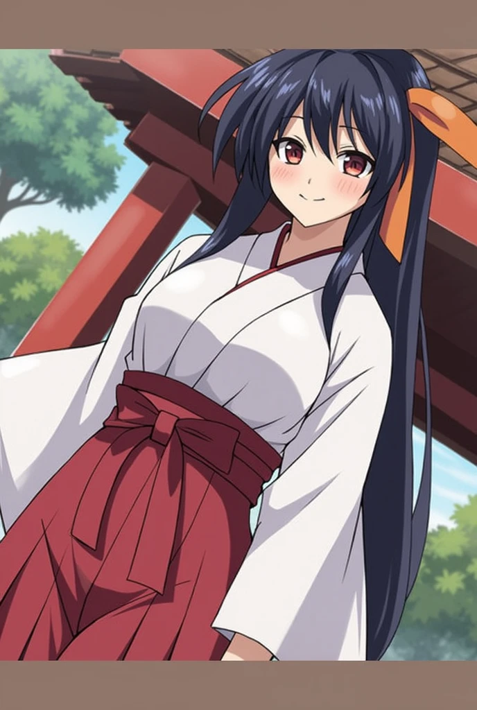 girl in white and red shrine maiden, enchanting, Flower in hair, long hair, refined movements, At a hotspring, breasts are visable, angelic smile, defined curves, Blushing, pregnant, hand on belly