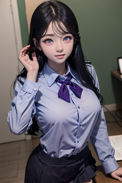 A young man in school uniform, with purple eyes and dark black hair, breasts big,wide hip,,I was studying seriously.