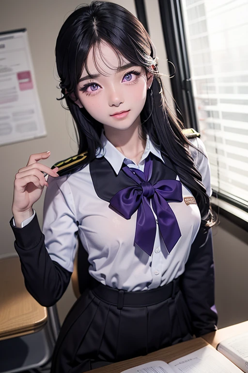 A young man in school uniform, with purple eyes and dark black hair, breasts big,wide hip,,I was studying seriously.