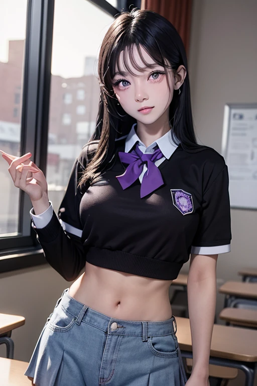 A young man in school uniform, with purple eyes and dark black hair, breasts big,wide hip,,I was studying seriously.