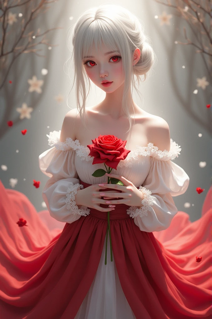 Female, white hair tied down
Crimson Red Eyes, White ta Dress, Long Red Skirt 
Elegant and calm nature
Holding a Red Rose