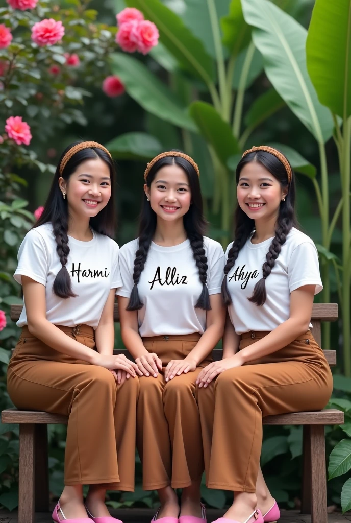 Create a full body three beautiful Thai women's smiling, wearing a white t-shirts with have own written say's " harmi/alliz/ahya " and brown cargo pants, and pink beautiful shoes, black long braids hairstyles with brown headband, sitting on the bench garden with flowers rose and the right side has green leaf like banana, looking at the camera.