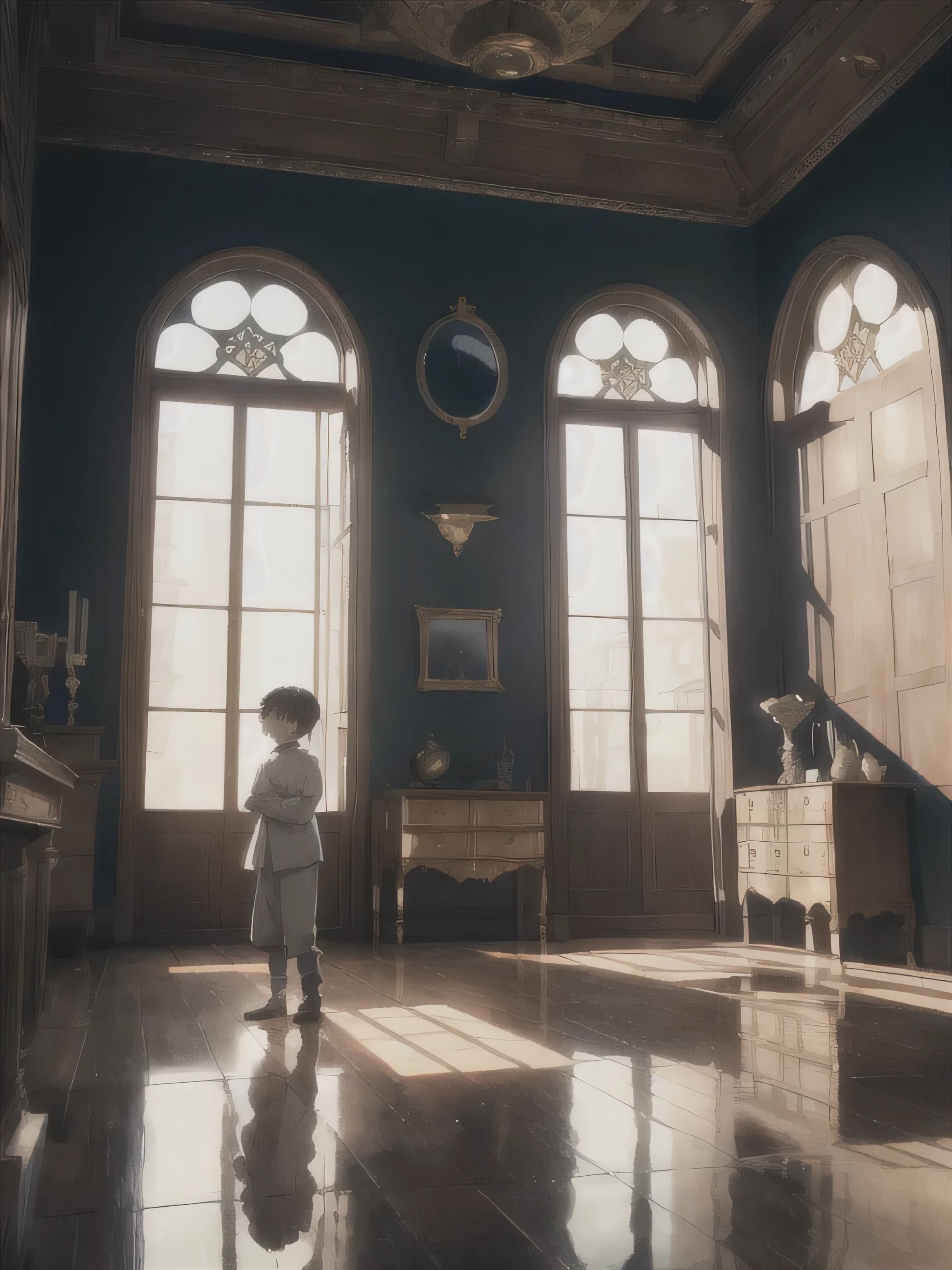 Create a scene where a young boy with vibrant blue eyes sits on the floor of an opulent, medieval-style room, gazing thoughtfully at his reflection in a large, ornate mirror. The boy wears simple yet elegant clothing, his expression a mix of wonder and contemplation as he begins to understand his new identity. The room is rich in detail: a plush canopy bed, sunlight streaming through a large window, and finely carved wooden furniture that exudes warmth and luxury. In the mirror’s reflection, faint, ghostly images from the boy’s past life—like a shadowy adult figure or subtle hints of a modern world—are barely visible, symbolizing lingering memories. The scene should evoke a sense of quiet realization and the start of a new journey in a fantastical world