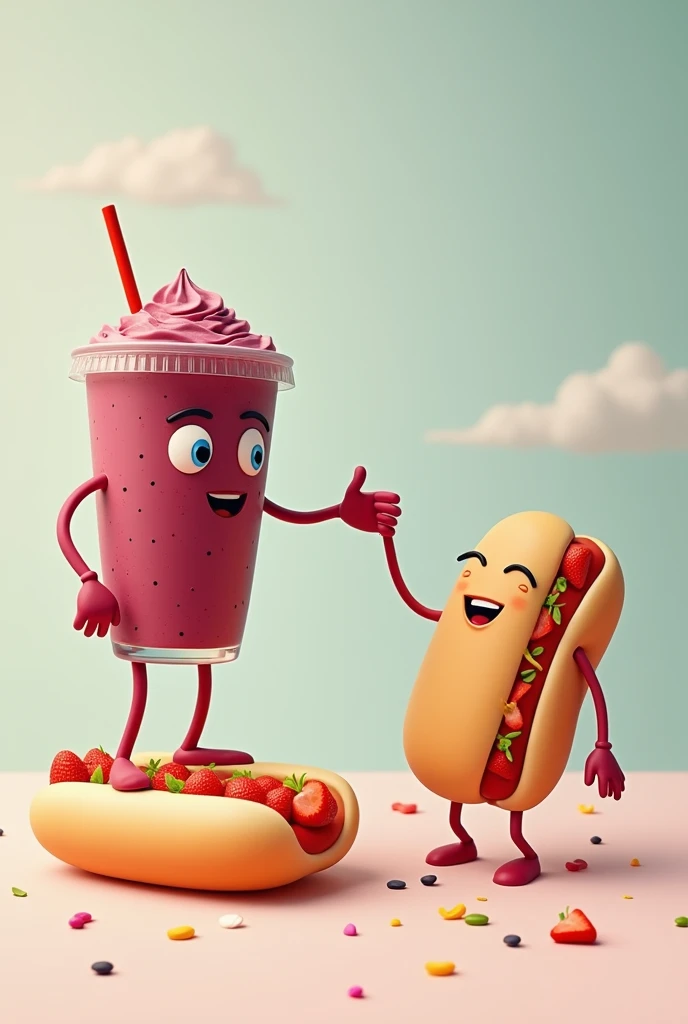 Acai cup giving hand to hot dog drawing