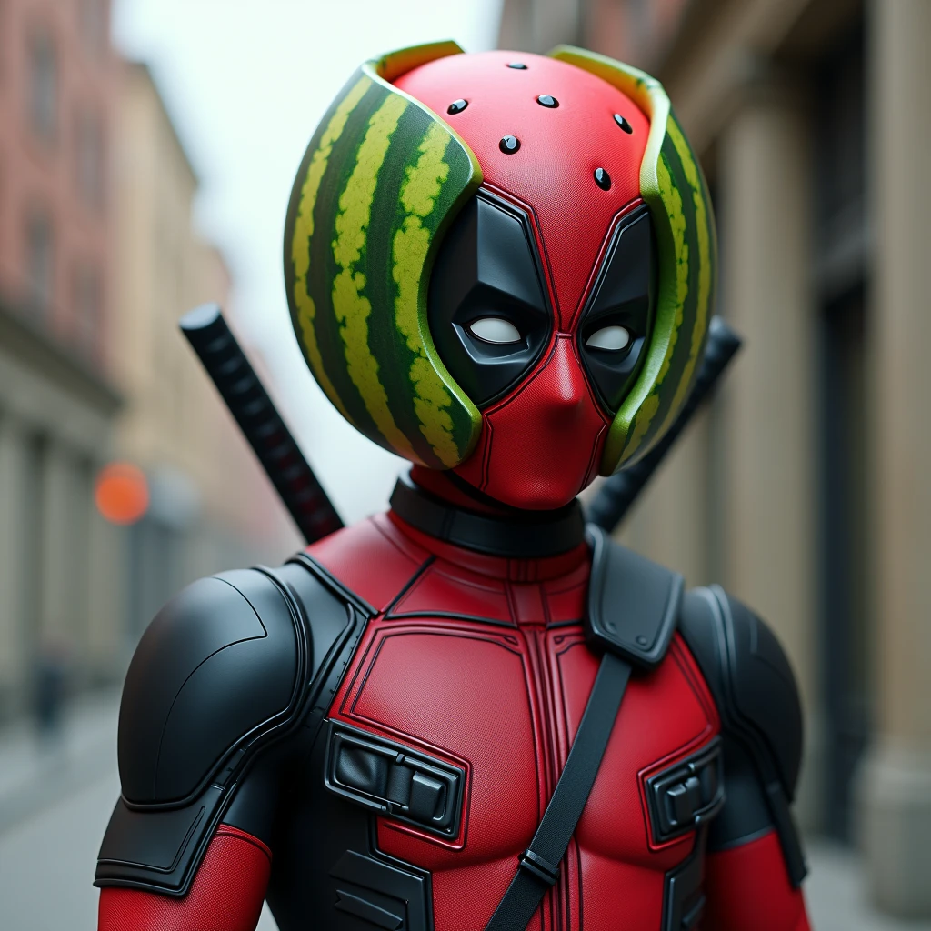 Deadpool with a helmet with a watermelon design on his head and a suit and tie