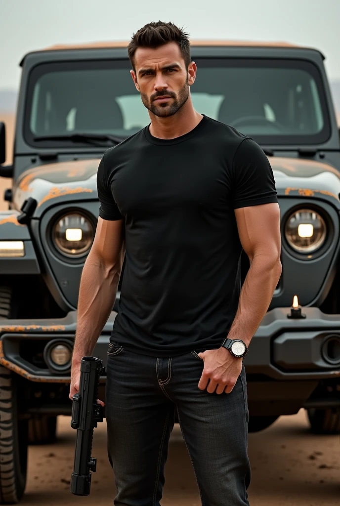 Handsome guy having gun and standing infront of Jeep having body looking handsome wearing black t shirt and jeans