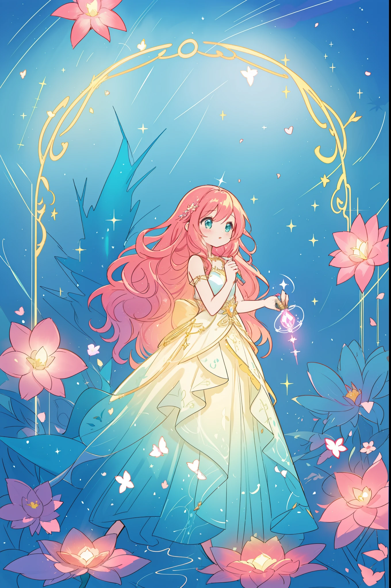 beautiful anime girl in flowing layered ballgown, vibrant pastel colors, (colorful), magical lights, magical flowers, flowers, glowing lights, red pink long wavy hair, sparkling lines of light, inspired by Glen Keane, inspired by Lois van Baarle, disney art style, by Lois van Baarle, glowing aura around her, by Glen Keane, jen bartel, glowing lights! digital painting, flowing glowing hair, glowing flowing hair, beautiful digital illustration, fantasia background, whimsical, magical, fantasy, beautiful face, ((masterpiece, best quality)), intricate details, highly detailed, sharp focus, 8k resolution, sparkling detailed eyes, liquid watercolor