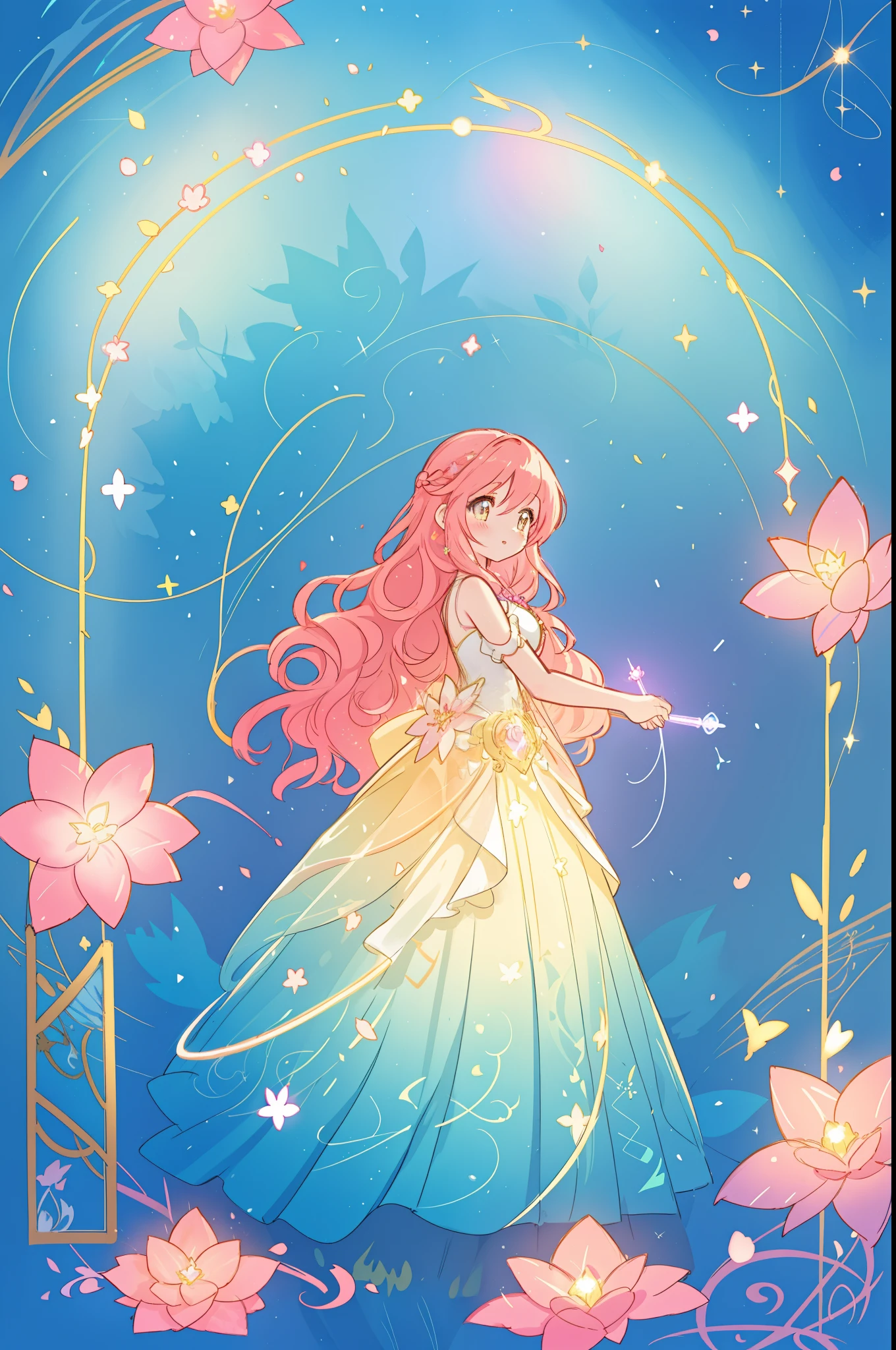 beautiful anime girl in flowing layered ballgown, vibrant pastel colors, (colorful), magical lights, magical flowers, flowers, glowing lights, red pink long wavy hair, sparkling lines of light, inspired by Glen Keane, inspired by Lois van Baarle, disney art style, by Lois van Baarle, glowing aura around her, by Glen Keane, jen bartel, glowing lights! digital painting, flowing glowing hair, glowing flowing hair, beautiful digital illustration, fantasia background, whimsical, magical, fantasy, beautiful face, ((masterpiece, best quality)), intricate details, highly detailed, sharp focus, 8k resolution, sparkling detailed eyes, liquid watercolor