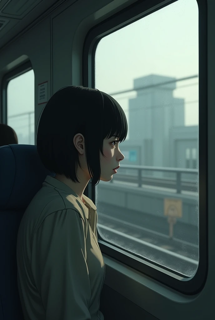Depressed girl、Japanese、Black Hair、Bobcut、Commuter train、Looking out from the window、Real、Finish like a photo
