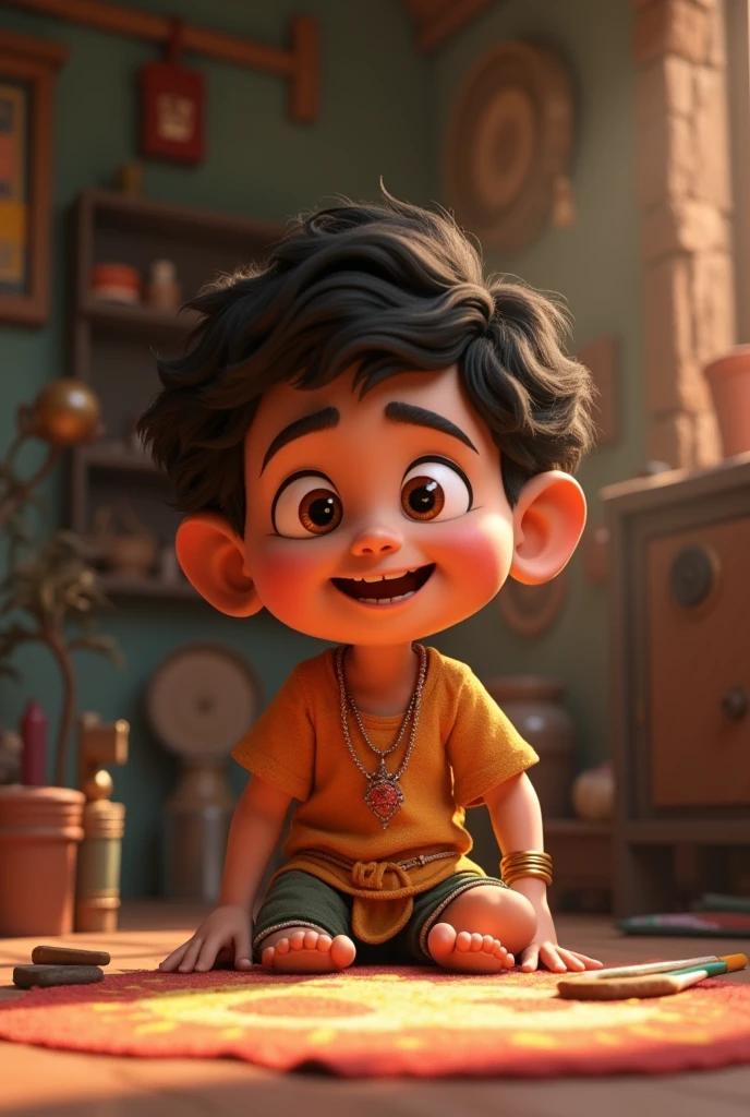 Need 3d animation style. Lakshman responds with a playful smile, saying, "माता, अगर मैं कलाकार होता, तो मैं ऐसी कुटिया क्यों बनाता, मैं तो स्वर्ग जैसा महल बना देता!" The atmosphere is light-hearted, and Lakshman’s expression is full of humor.