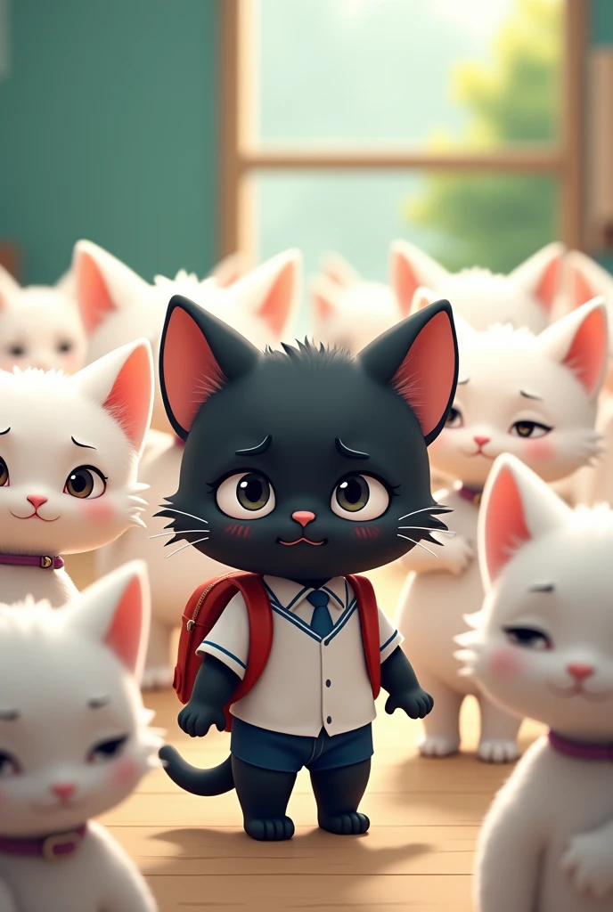 Make me a baby black cat on his first day of school, crying, wearing a school uniform and backpack, cartoon style, surrounded by white cats that don't want to get close to him