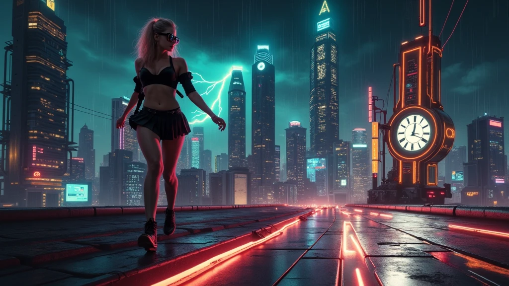 (Wide angle aerial view). At night, simple outlined cyberpunk city, flying cars, all-glass buildings, glowing giant clock tower, lightning, line art background. High-resolution OLED GUI interfaces in the building, The windows are filled with transparent data visualization infographics that show it all, very close-up green glowing cascading code. Colors are saturated and vibrant. At night, (1girl, solo, alone), photorealistic, large-breast slim:0.6 body, oval:0.5 face, black mini bra, cleavage:1.1, deep-v, very low angle view of black pleated miniskirt, white panty, (upskirt), glove, (Matrix style black micro sunglasses), (aiming viewer with a short gun), dynamic running pose, (half-body thigh level close-up shot), cinematic lighting, ray tracing, motion blur background.