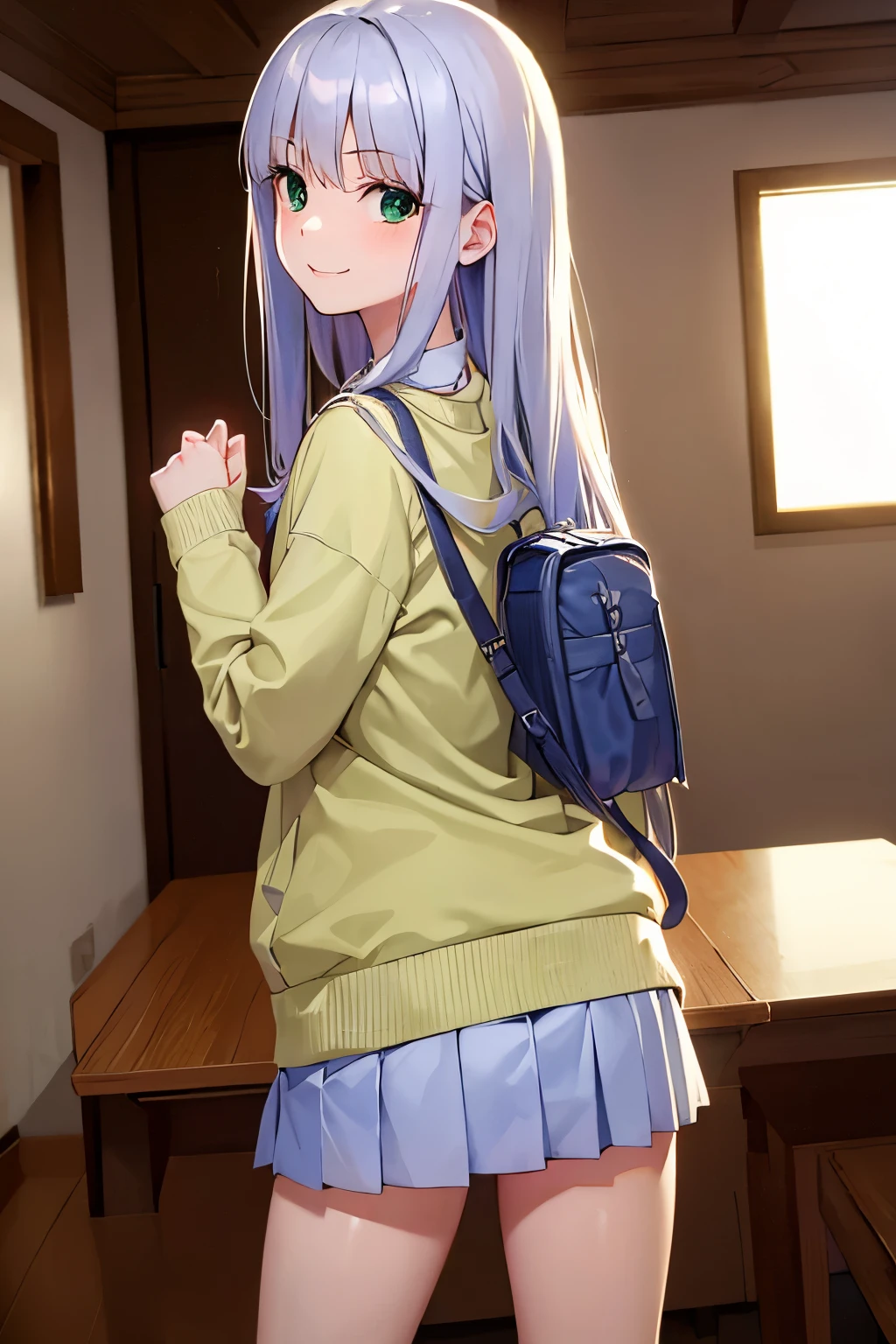 Long silver hair, green eyes, headband, necklace, small, smile, happy, sueter, hood, skirt, beautiful thighs, Inside the house, Randoseru, schoolbag, turn neck, point of view from the back