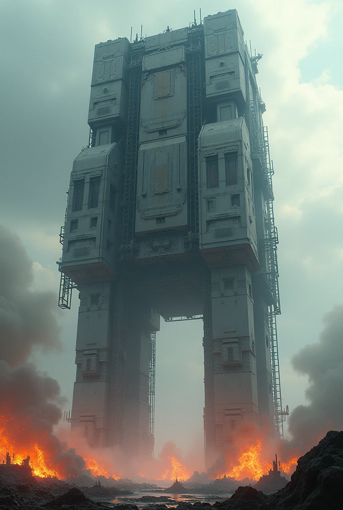 A detailed, 100m high vertical robot factory deployed in burning battlefield, cinematic, mecha, futuristic, metallic, cold colors