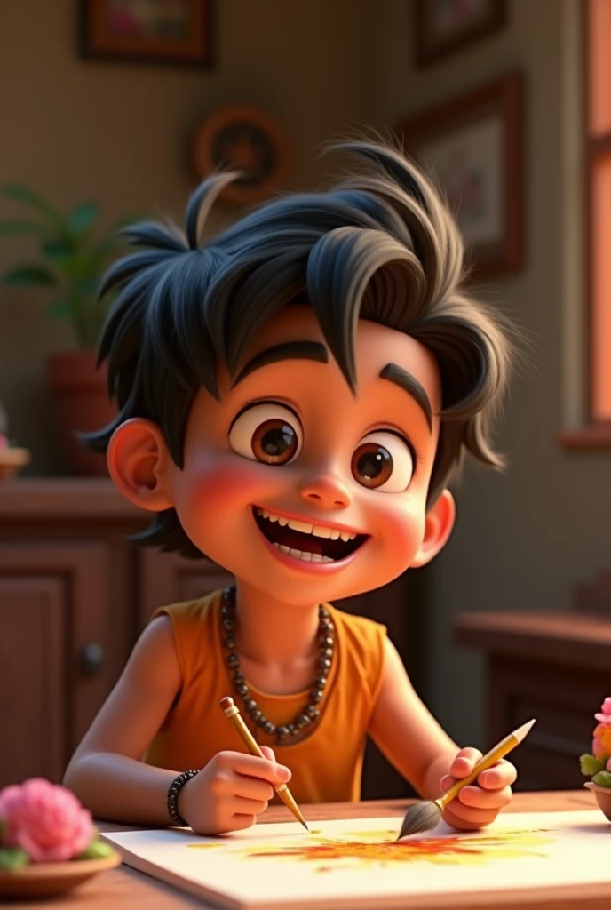 Need 3d animation style. Lakshman responds with a playful smile, saying, "माता, अगर मैं कलाकार होता, तो मैं ऐसी कुटिया क्यों बनाता, मैं तो स्वर्ग जैसा महल बना देता!" The atmosphere is light-hearted, and Lakshman’s expression is full of humor.