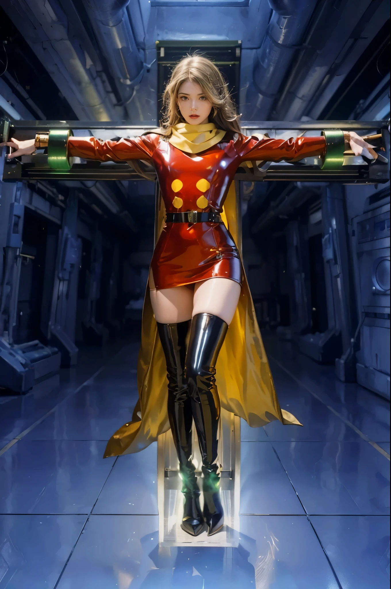 Cyborg 003, Françoise Arnoul, Retrofit surgery, Equipped with special abilities, Awakening, Breaking away, secret, Metallic green shackles, Pale Lab, 

masterpiece,Highest quality, 超A high resolution, (Realistic)、RAW Photos,(every time :1.2), (Portraiture), Surreal:1.1, 4K, Octane Rendering, ((Spotlight)), ((Metallic green bracelet, Caster wheel)), ((Heavy metal ring, Ultra glossy, Illumination)), (Pale Lab), ((Cross-shaped laboratory bench)), ((A laboratory for sophisticated metals and machinery, Geometric mechanical details)), (Physical alignment), (Eliminate discomfort), (Eliminate injustice), ((Depict the whole body:1.2)), Mature Woman, ((Shiny latex:1.3)), Sexy figure, (Crimson Mini Dress:1.4, Large Yellow Coat Buttons), (Very long yellow scarf), (Red headband:1.1), Very detailed, ((Exposed thighs)), ((Black Thigh Boots:1.2, Stiletto heels:1.2)), Octane Rendering, ((Crucified)), ((Crucifixion)), ((Hold your arms straight, Opens to the left and right)), ((Both legs closed, We have all)), (lower one&#39;s head), ((profile)), ((Eyes closed)), ((Sleeping)), Big eyes:1.2, eye make up:1.2, Outer Winding Short Hair