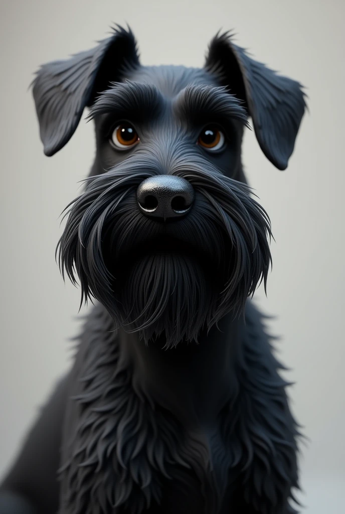 Black furry snauzer dog named ponky who has a big nose, but has medium sized drooping ears NOT STOOD UP AND A BEARD