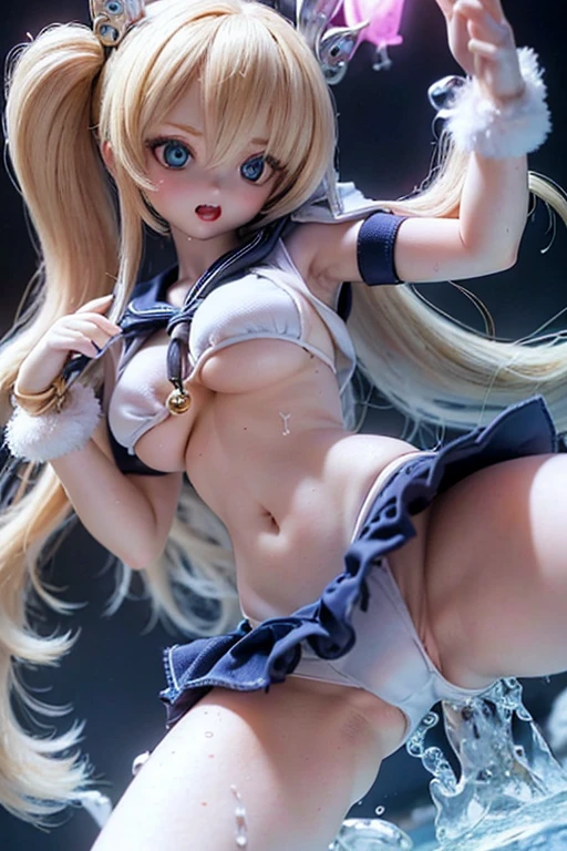 beautiful detailed girl with deep blown eyes, long blown  hair, exquisite facial features, extremely detailed, 8k, high quality, high resolution, in the class room,there are some monsters,sparkle,sailor-moon uniform,pleated skirt,detailed skin textures, satin fabric, glossy fabric, shine white tiny  bikini, ((wet bikini with water)),large breasts, photorealistic, studio lighting, hyper realistic, intricate details, vibrant colors, dynamic pose,open your legs,low angle snd close up her clotch,flash light,she is fighting with monsters,