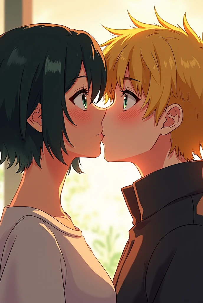 Boku no hero academia style, A white-skinned woman, eyes the color of honey, short hair, black with yellow locks in front. A few light freckles on the cheeks, and a blond boy giving each other a kiss (Katsuki Bakugo)