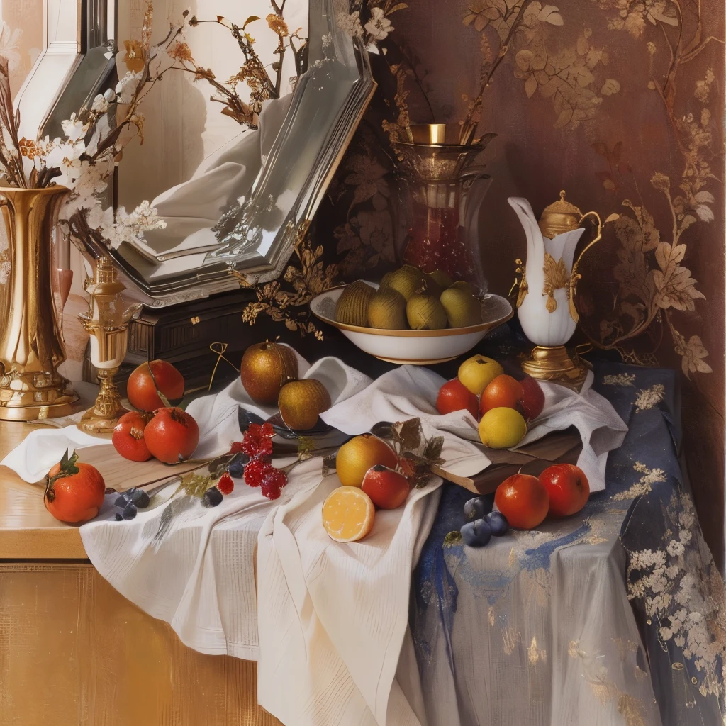 painting of a still life of fruit and a mirror on a table, Caesanne風, inspired ポール・Caesanneによる, inspired Caesanneによる, ポール・Caesanneによる, still life with white vase, Caesanne, inspired ポール・Caesanneによる, Caesanneによる, ポール・Caesanneによる, a still life, still life