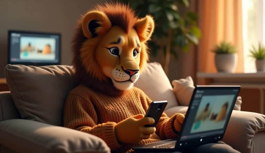 A young human lion dressed in a sweater, sitting on the couch in his house with a phone in his hand editing videos and a computer on the table. 