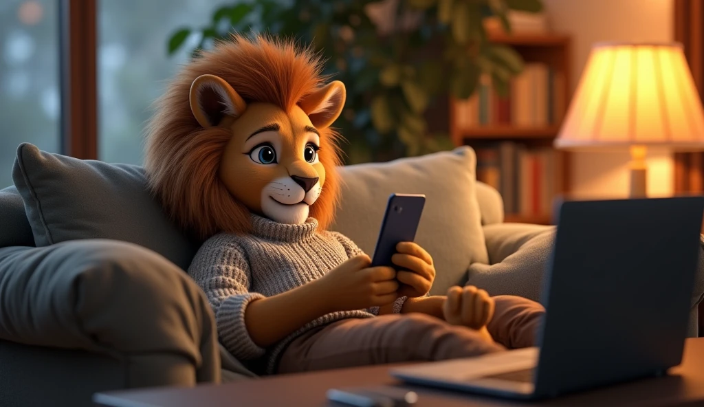 A young human lion dressed in a sweater, sitting on the couch in his house with a phone in his hand editing videos and a computer on the table.