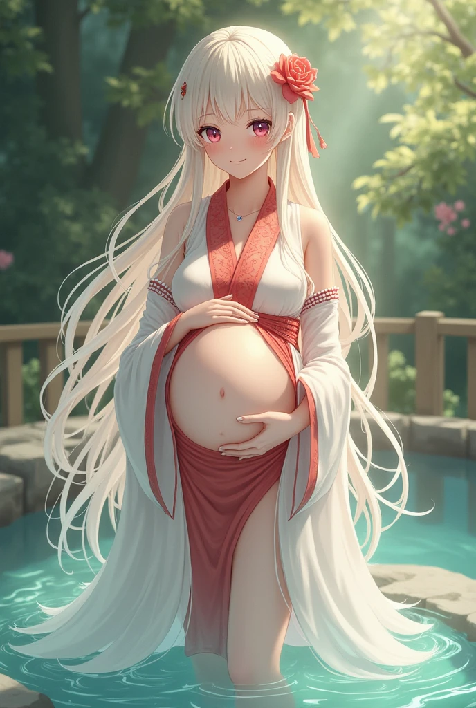 girl in white and red shrine maiden, enchanting, Flower in hair, long hair, refined movements, At a hotspring, breasts are visable, angelic smile, defined curves, Blushing, pregnant, hand on belly