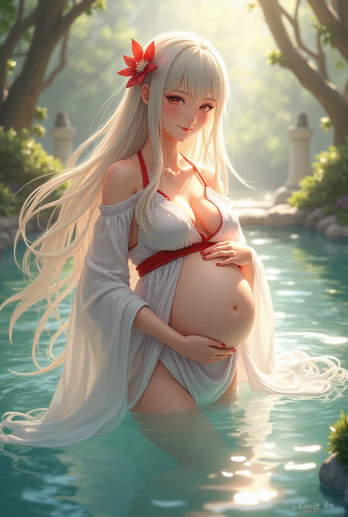 girl in white and red shrine maiden, enchanting, Flower in hair, long hair, refined movements, At a hotspring, breasts are visable, angelic smile, defined curves, Blushing, pregnant, hand on belly