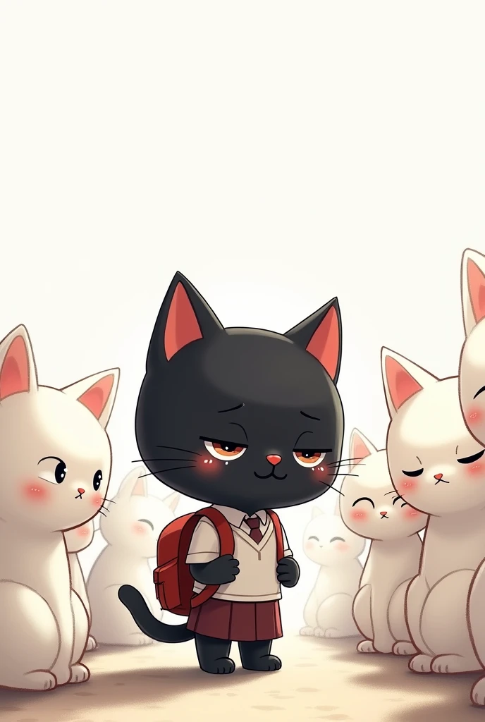 Make me a  black cat on his first day of school, REALLY REALLY SAD and crying, wearing a school uniform and backpack, cartoon style, surrounded by white cats that don't want to get close to him