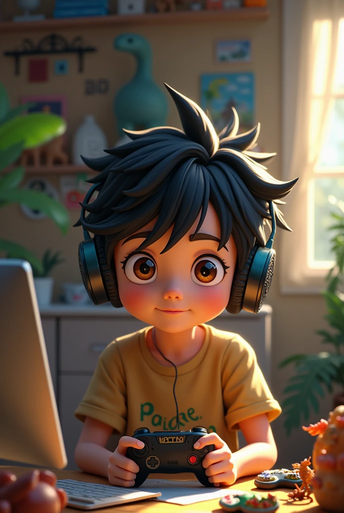 black haired boy with brown eyes wearing headphones, gamer YouTuber who likes dinosaurs