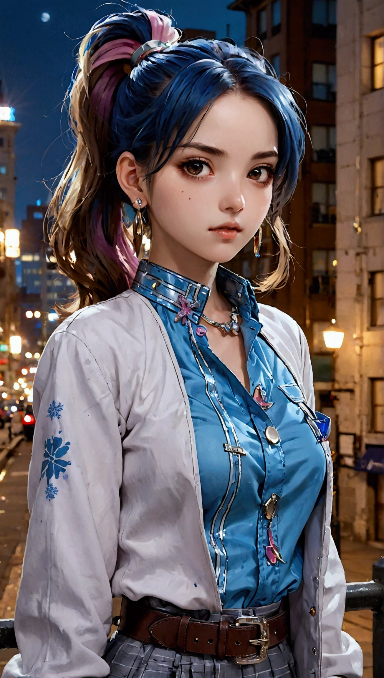 1girl, mature female, cityscape, night, looking at viewer, Sparkling Hair- short hair, belt,shirt,jewelry, earrings, coat, long sleeves(worst quality, low quality:1.4),monochrome,zombie,undefinedEasyNegative,lowres,bad anatomy,bad hands,text,error,missing fingers,extra digit,fewer digits,cropped,worst quality,low quality,normal quality,jpeg artifacts,signature,watermark,username,blurry,too many fingers,thick lips,oversized head,facing away,extra arms,extra hands,extra ponytail,bad eyes,fused eyes,distorted eyes,multicolored eyes,small breasts,,distorted background,overexposure,