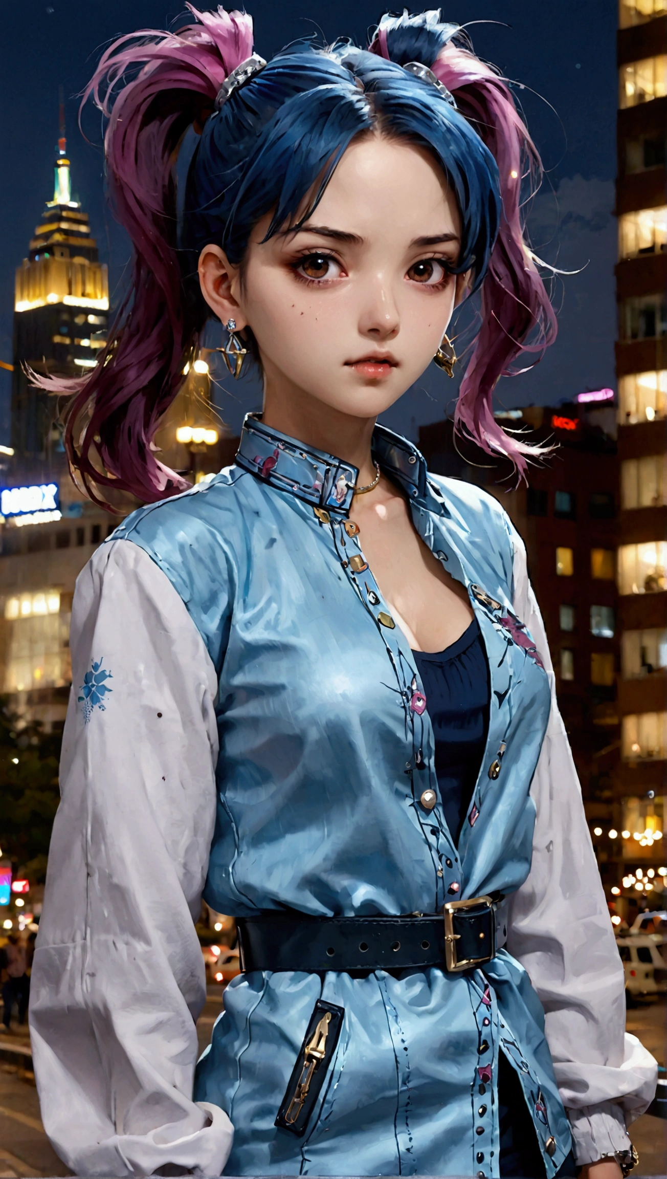 1girl, mature female, cityscape, night, looking at viewer, Sparkling Hair- short hair, belt,shirt,jewelry, earrings, coat, long sleeves(worst quality, low quality:1.4),monochrome,zombie,undefinedEasyNegative,lowres,bad anatomy,bad hands,text,error,missing fingers,extra digit,fewer digits,cropped,worst quality,low quality,normal quality,jpeg artifacts,signature,watermark,username,blurry,too many fingers,thick lips,oversized head,facing away,extra arms,extra hands,extra ponytail,bad eyes,fused eyes,distorted eyes,multicolored eyes,small breasts,,distorted background,overexposure,
