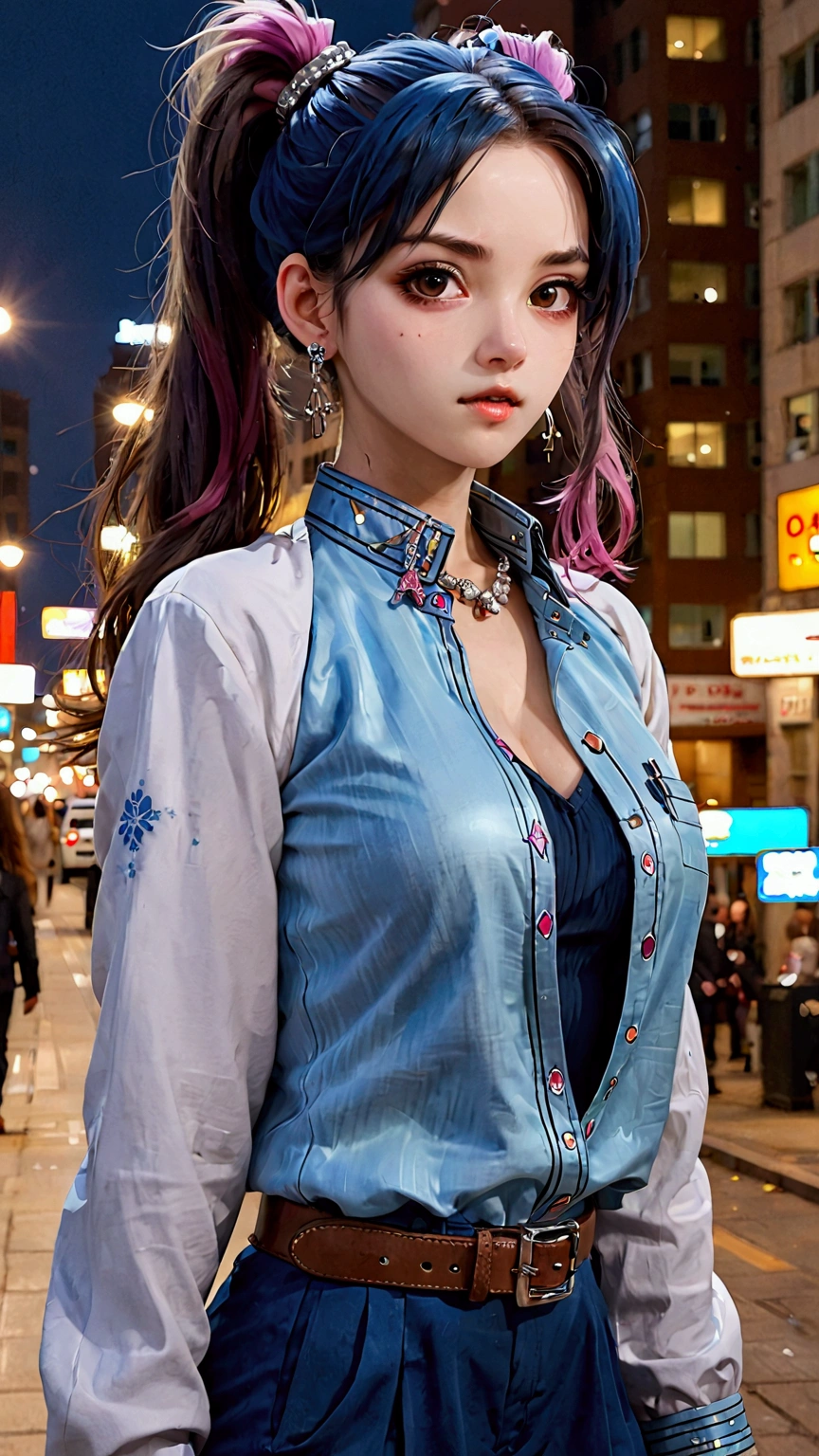 1girl, mature female, cityscape, night, looking at viewer, Sparkling Hair- short hair, belt,shirt,jewelry, earrings, coat, long sleeves(worst quality, low quality:1.4),monochrome,zombie,undefinedEasyNegative,lowres,bad anatomy,bad hands,text,error,missing fingers,extra digit,fewer digits,cropped,worst quality,low quality,normal quality,jpeg artifacts,signature,watermark,username,blurry,too many fingers,thick lips,oversized head,facing away,extra arms,extra hands,extra ponytail,bad eyes,fused eyes,distorted eyes,multicolored eyes,small breasts,,distorted background,overexposure,