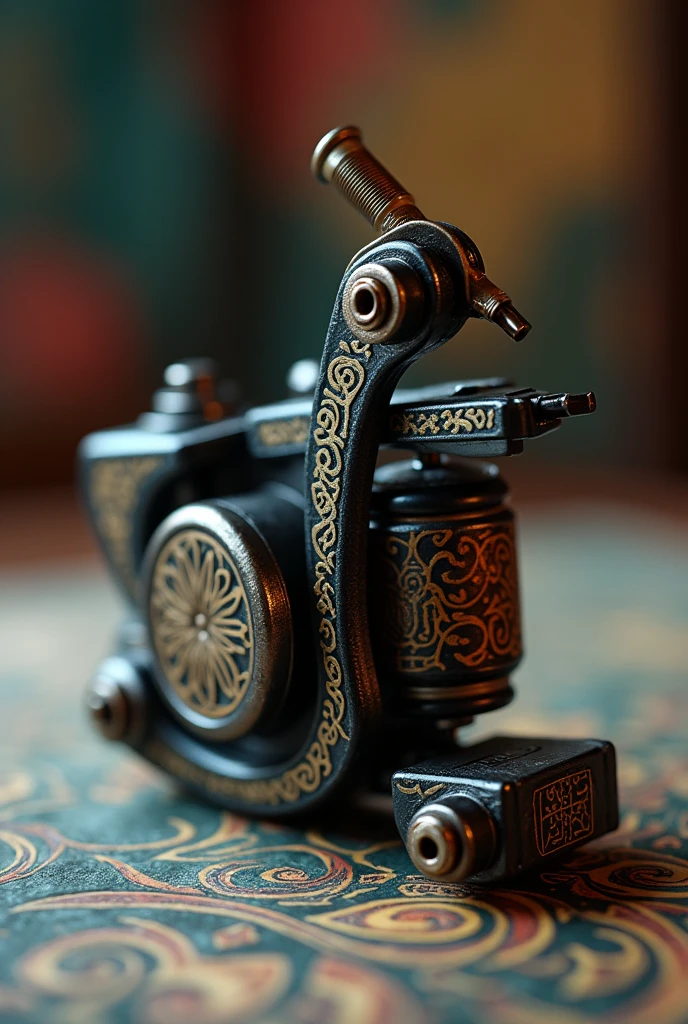 TATTOO MACHINE WITH COILS WITH PORTEÑO FILLET DRAWINGS WITH A BLURRED BACKGROUND WITH COLORS