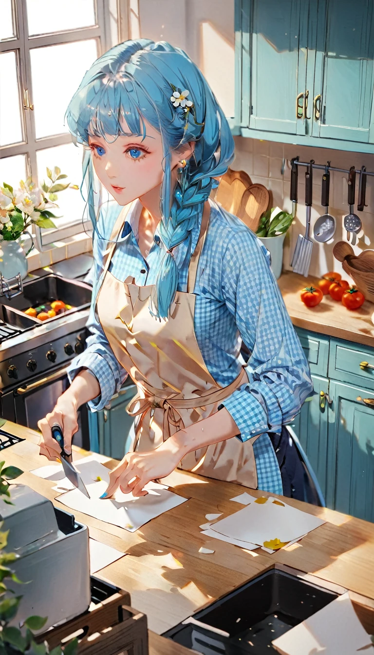 (((How to cut paper))), 1 girl, Blue long medium hair, Long braids, Blue checked shirt, apron, kitchen , Portfolio from above