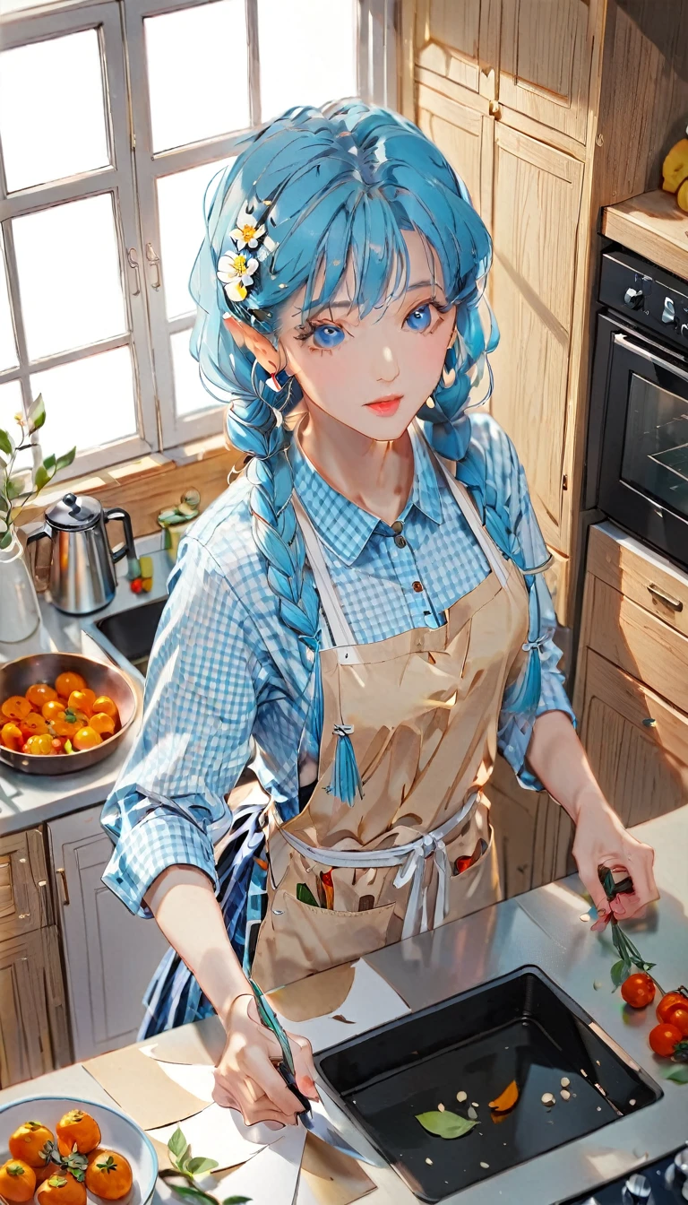 (((How to cut paper))), 1 girl, Blue long medium hair, Long braids, Blue checked shirt, apron, kitchen , Portfolio from above