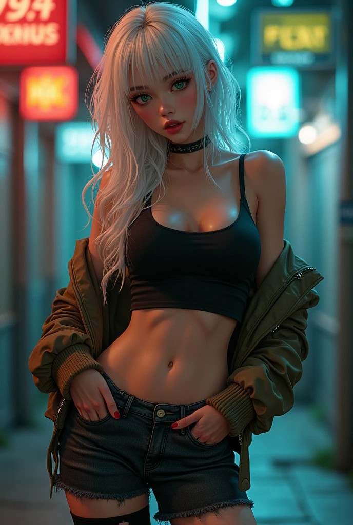 Kizi, pele caucasiana, 20 year, White hair, wearing black jeans, wearing black boots, White short tank top, with brown aviator jacket, greeneyes,curved body, cocked ass, medium breasts, cyberpunk atmosphere, Raby, アニメ, sexy pose lowering pants showing white panties, ahegao.