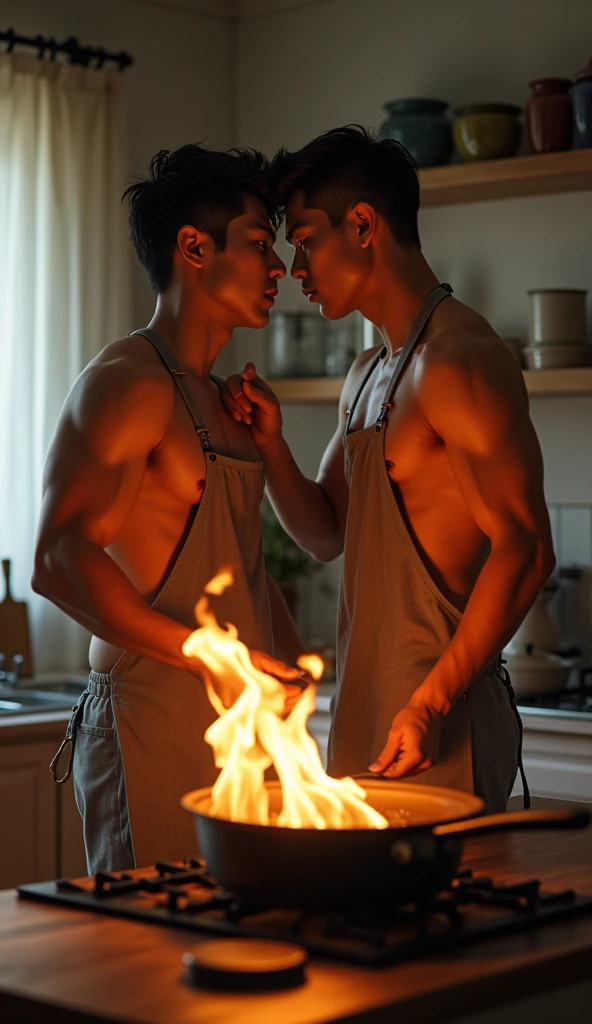 2 young Asian men ,Tall, A handsome, muscular man stands in the kitchen., Wear only an apron, totally naked, Revealing his bare buttocks, Feeding another young lover . sudden, Dancing flames rise from the pan, 32K, best quality, Masterpiece, Superb details, Highly detailed,